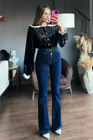 Tanye Lacivert İspanyol Yüksek Bel Toparlayıcı İspanyol Paça Solmaz Jeans Pantolon