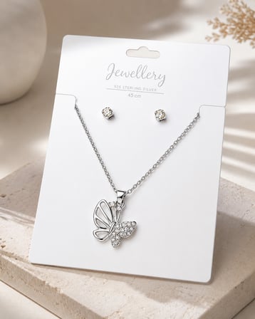 Kadın Kolye Set Marıposa 925 Ayar Gümüş Zincir Kadın Kolye Küpe Set Kadın Hediyelik Set