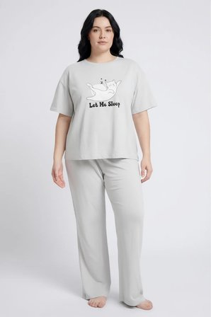 Açık Gri Baskılı Kadın Pijama Takımı (Rahat Kalıp)
