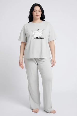 Açık Gri Baskılı Kadın Pijama Takımı (Rahat Kalıp)