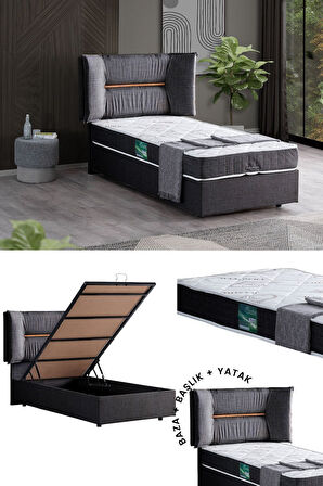 Lizbon Tek Kişilik Baza Başlık Comfort Yatak Seti, Açık Gri