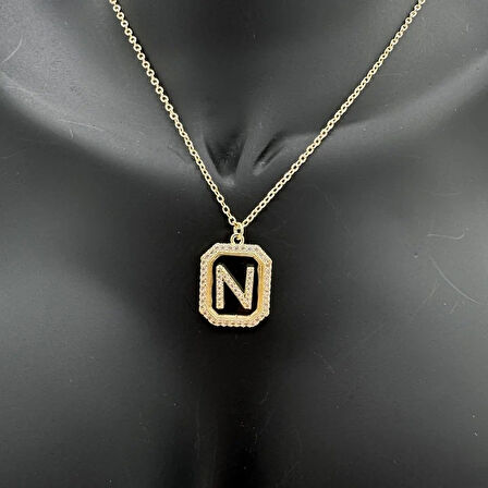 Özel Seri N Harfi Taş Detaylı Gold Kolye - Gold