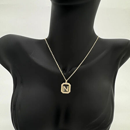 Özel Seri N Harfi Taş Detaylı Gold Kolye - Gold