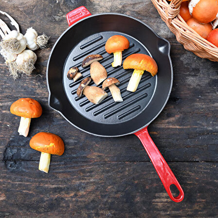 Korkmaz Casta Kırmızı Yuvarlak 28 cm Grill Döküm Tava