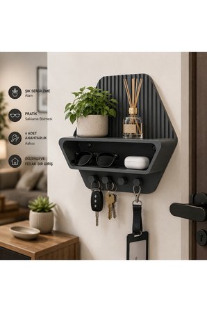 Dekoratif Duvar Rafı Ve Anahtarlık Çok Amaçlı Antre Organizer Gri
