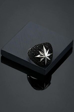 925 Ayar Gümüş Siyah Kuzey Yıldızı Mikro Taş Erkek Yüzük