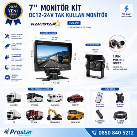 7 inç Monitör Gece Görüşlü Kameralı Araç Monitör ve Kamera Seti - 12-24V, 10 metre Kablolu Kit