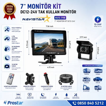7 inç Monitör Gece Görüşlü Kameralı Araç Monitör ve Kamera Seti - 12-24V, 10 metre Kablolu Kit