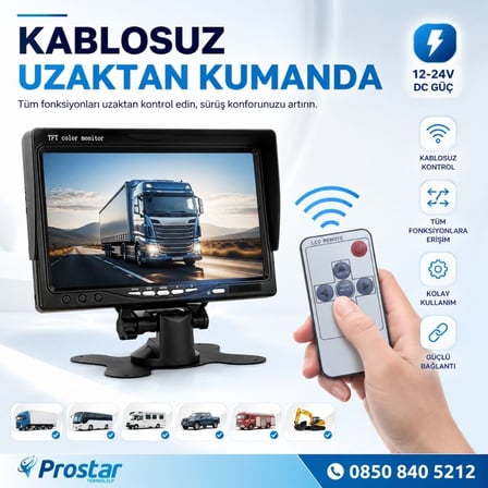 7 inç Monitör Gece Görüşlü Kameralı Araç Monitör ve Kamera Seti - 12-24V, 10 metre Kablolu Kit