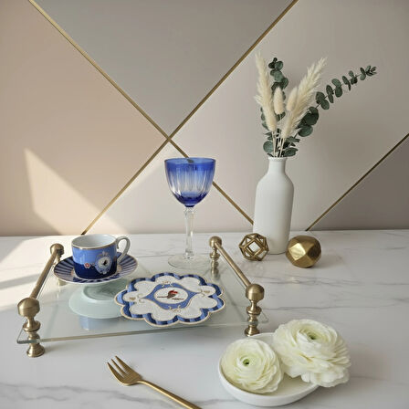 2 Adet Mavi Pip Studio Uyumlu Nakışlı Kuş Detaylı Kokteyl Sunum Peçetesi