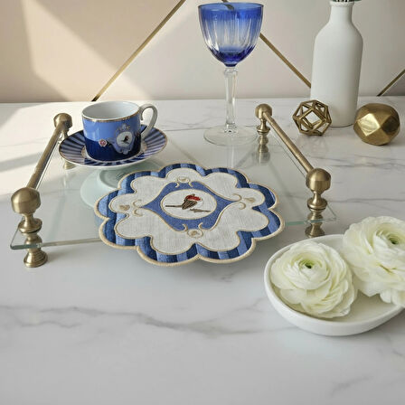 2 Adet Mavi Pip Studio Uyumlu Nakışlı Kuş Detaylı Kokteyl Sunum Peçetesi