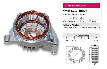 Fiat Stator Mako Tip 12v 85a Albea Multıjet 1 2 Opel Corsa Kapaklı Nursan 120912 - Yavuz 10 072