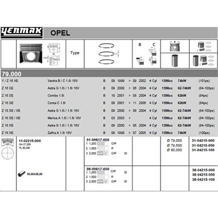 Opel Piston Segman { 1mm Farklı } Astra Meriva Vectra Zafıra Y16xe Z16xe - Yenmak 31-04215-100