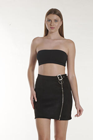 Siyah Fermuar Detaylı Süet Etek | 42