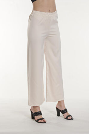 Ekru Beli Lastikli Saten Pantolon | 36