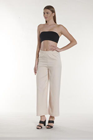 Ekru Beli Lastikli Saten Pantolon | 36