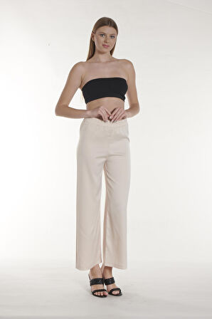 Ekru Beli Lastikli Saten Pantolon | 36