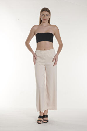 Ekru Beli Lastikli Saten Pantolon | 40