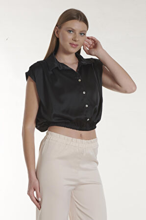 Siyah Crop Saten Gömlek | 36