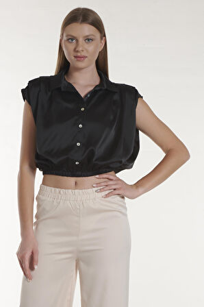 Siyah Crop Saten Gömlek | 38