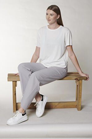 Beyaz Modal Bisiklet Yaka T-Shirt | 40