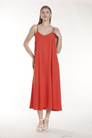 Kırmızı İp Askılı Uzun Elbise | 36