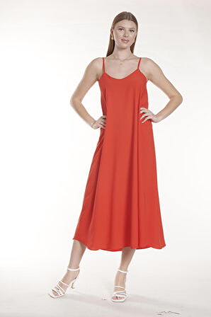 Kırmızı İp Askılı Uzun Elbise | 36