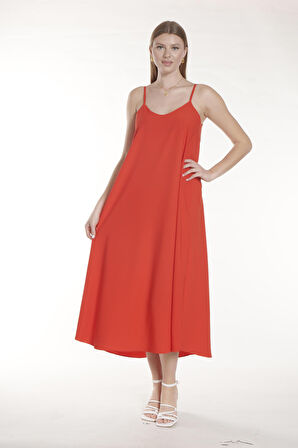 Kırmızı İp Askılı Uzun Elbise | 40