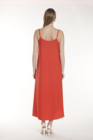 Kırmızı İp Askılı Uzun Elbise | 40