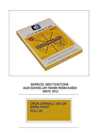 ALEX TEKNİK RESİM KAĞIDI 50x70 200 GR DAMGALI 25 Lİ 200.501[sub_name2]