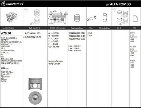 Fiat Motor Piston Segman Linea Doblo III 1,6 Multıjet 105hp Euro 5 Motor (79.50mm) / (std) - Kingpiston 18-2050040