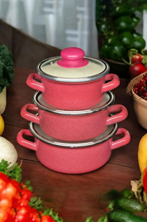 Lüks Emaye 6 Parça Mini Tencere Seti 12/14/16 Cm Kırmızı KR179-C