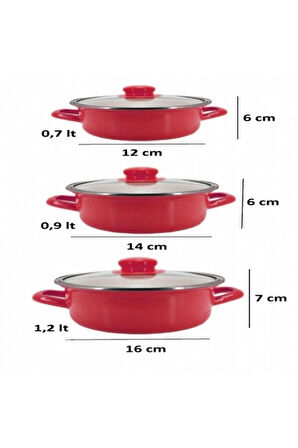 Lüks Emaye 6 Parça Mini Tencere Seti 12/14/16 Cm Kırmızı KR179-C