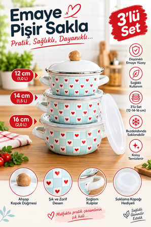 Kalpli 3lü Pişir & Sakla Emaye Tencere Seti 12-14-16 cm Mavi ALV038