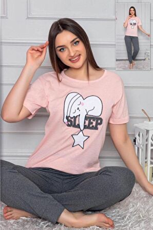 Pembe Gri Pamuklu Kısa Kollu Pijama Takımı