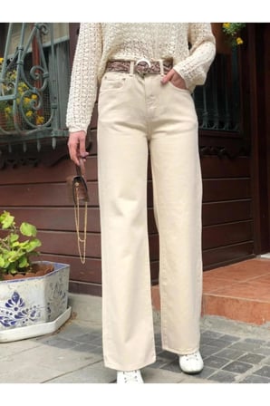 Zofya Den Krem Yüksek Bel Palazzo Jeans,Likralı Bol Paça Wide Leg Kot PantolonDK-5