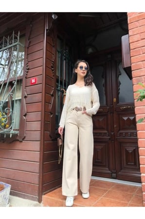 Zofya Den Krem Yüksek Bel Palazzo Jeans,Likralı Bol Paça Wide Leg Kot PantolonDK-5