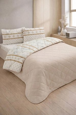 Kapitoneli Çift Kişilik Desenli Pike - Yatak Örtüsü Takımı 200x230 cm - 2 Adet Yastık Kılıflı