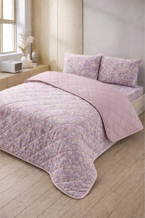 Kapitoneli Çift Kişilik Desenli Pike - Yatak Örtüsü Takımı 200x230 cm - 2 Adet Yastık Kılıflı