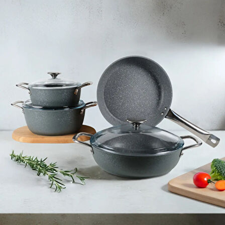 GÜRAL PORSELEN Antoryum Pro 7 Parça ThermoGuard Granit Tencere Takımı Gri