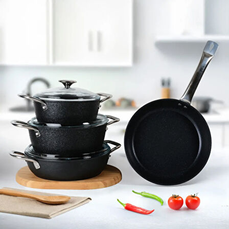 GÜRAL PORSELEN Antoryum Pro 7 Parça ThermoGuard Granit Tencere Takımı Siyah