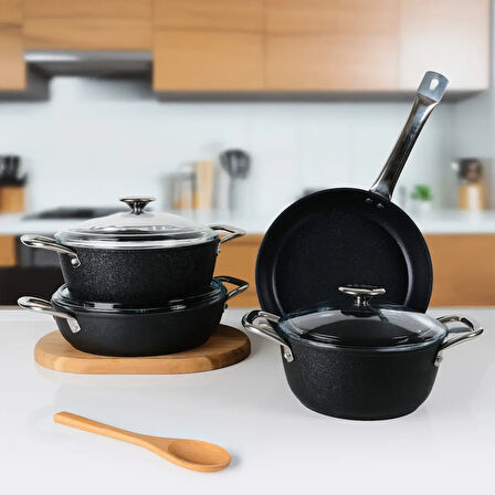 GÜRAL PORSELEN Antoryum Pro 7 Parça ThermoGuard Granit Tencere Takımı Siyah