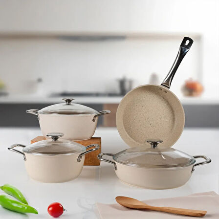 GÜRAL PORSELEN Antoryum Pro 7 Parça ThermoGuard Granit Tencere Takımı Bej