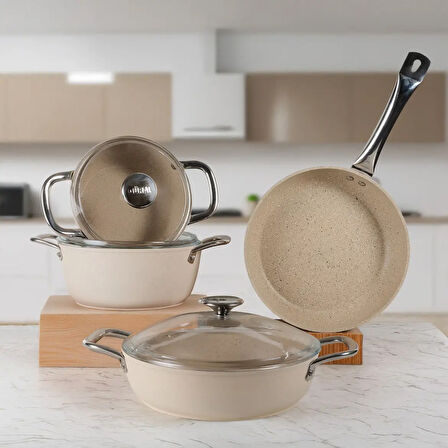 GÜRAL PORSELEN Antoryum Pro 7 Parça ThermoGuard Granit Tencere Takımı Bej