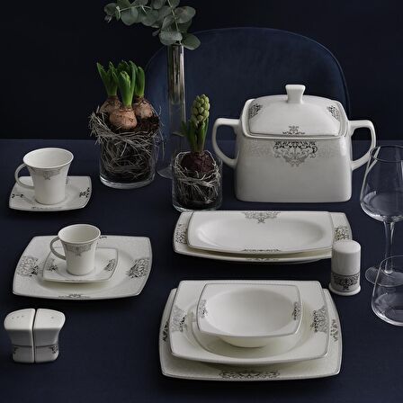 Güral Porselen Caroline 56861 85 Parça 12 Kişilik Klasik Yuvarlak Bone Porselen Yemek Takımı 