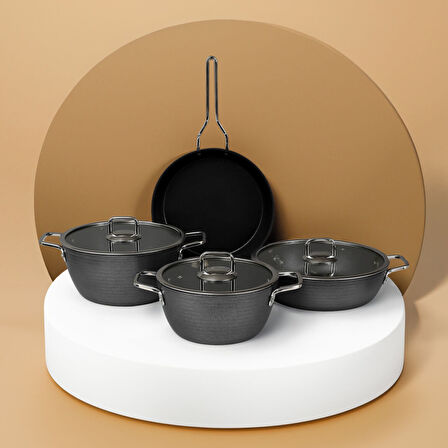 GÜRAL PORSELEN Açelya 7 Parça Granit Tencere Takımı Siyah