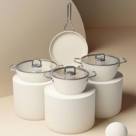 GÜRAL PORSELEN Açelya 7 Parça Granit Tencere Takımı Beyaz