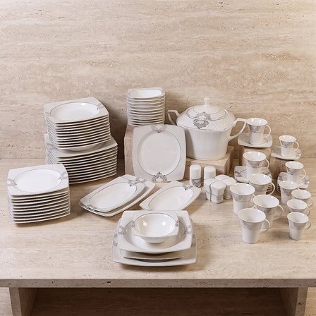 GÜRAL PORSELEN Caroline 85 Parça 12 Kişilik Kare Yemek Takımı 6001