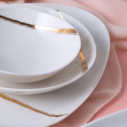 GÜRAL PORSELEN Asimetrik Gold Detaylı 54 Parça 12 Kişilik Porselen Yemek Takımı 6676