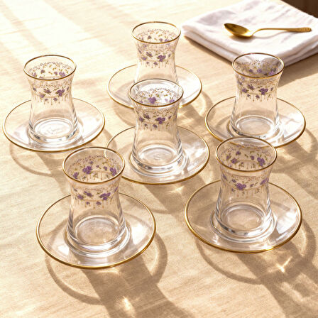 GÜRAL PORSELEN Güral Cam 12 Parça 6 Kişilik Çay Takımı Mor Çiçek